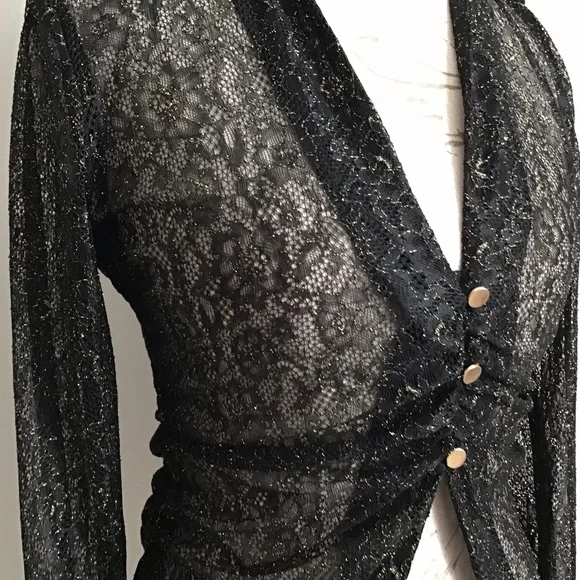ZARA Black Lace Blouse Gold Buttons Shimmery Top NWT